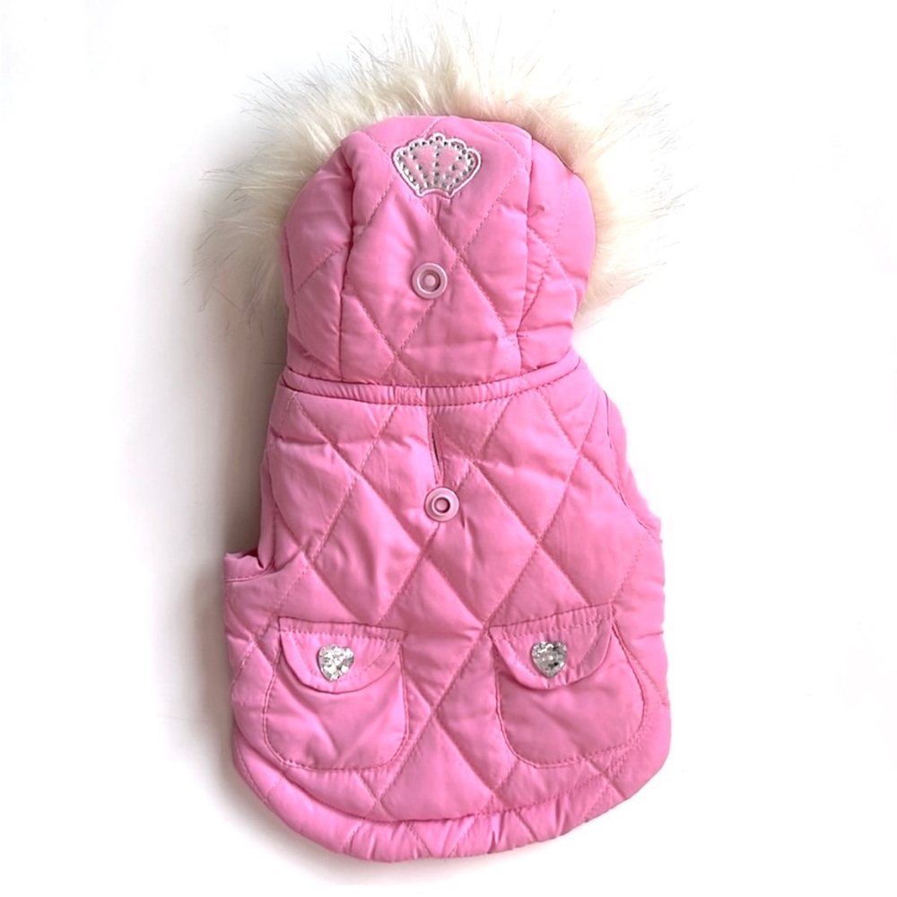 Baby Pink XXS Doggy Puffer Jacket w/Rhinestone Crown & Jewel 💎 Heart Buttons